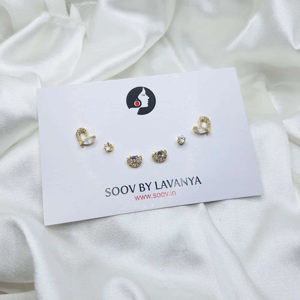 Glamorous combo of 3 Gold plated studs